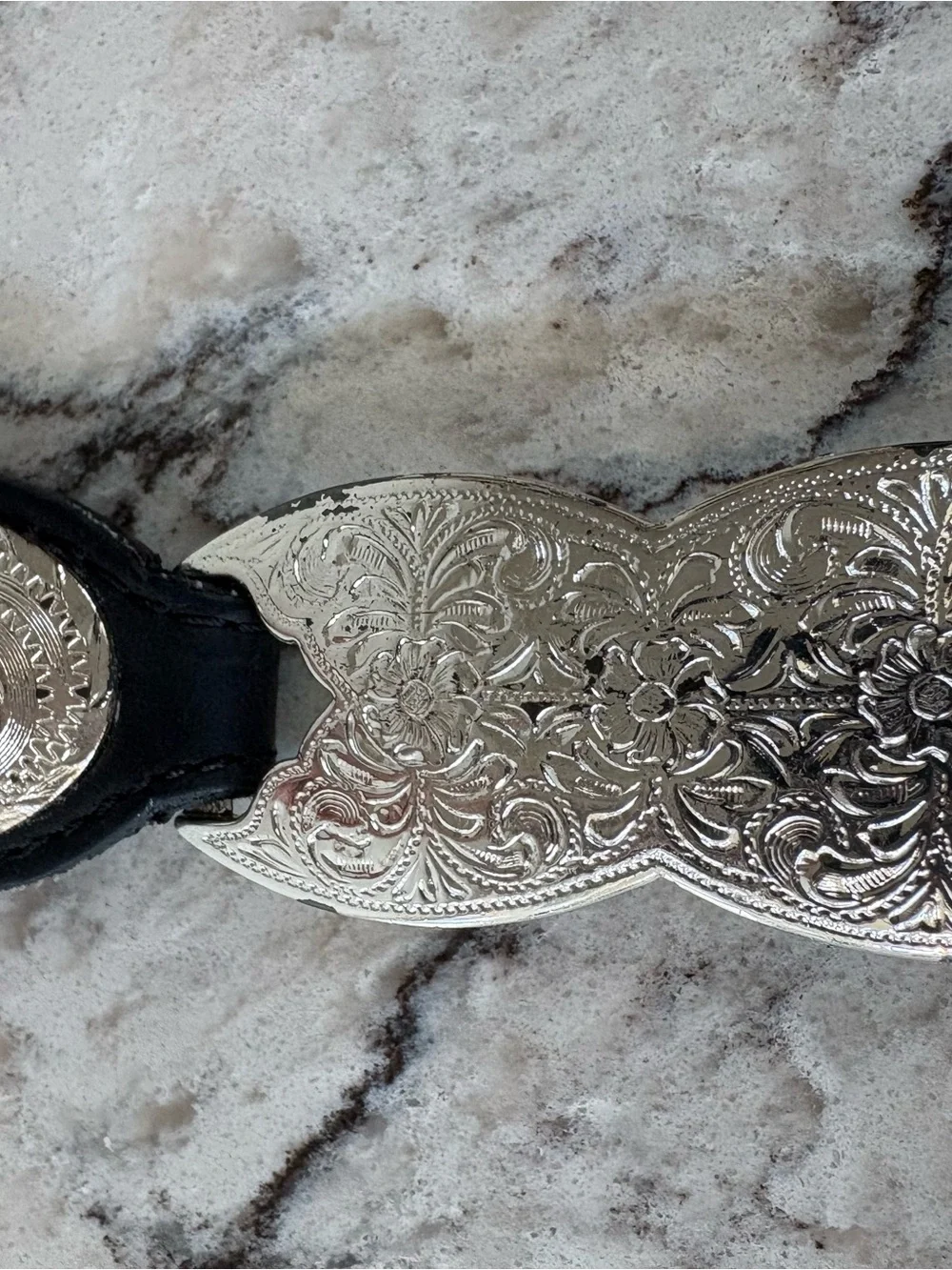 Women's Black Leather Link Belt with Silver-Tone Hardware